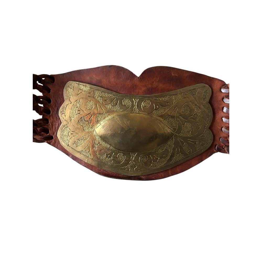 Moroccan Style Vintage Unisex Leather Medallion Vintage Brass Etched Plated Belt - Picture 3 of 8
